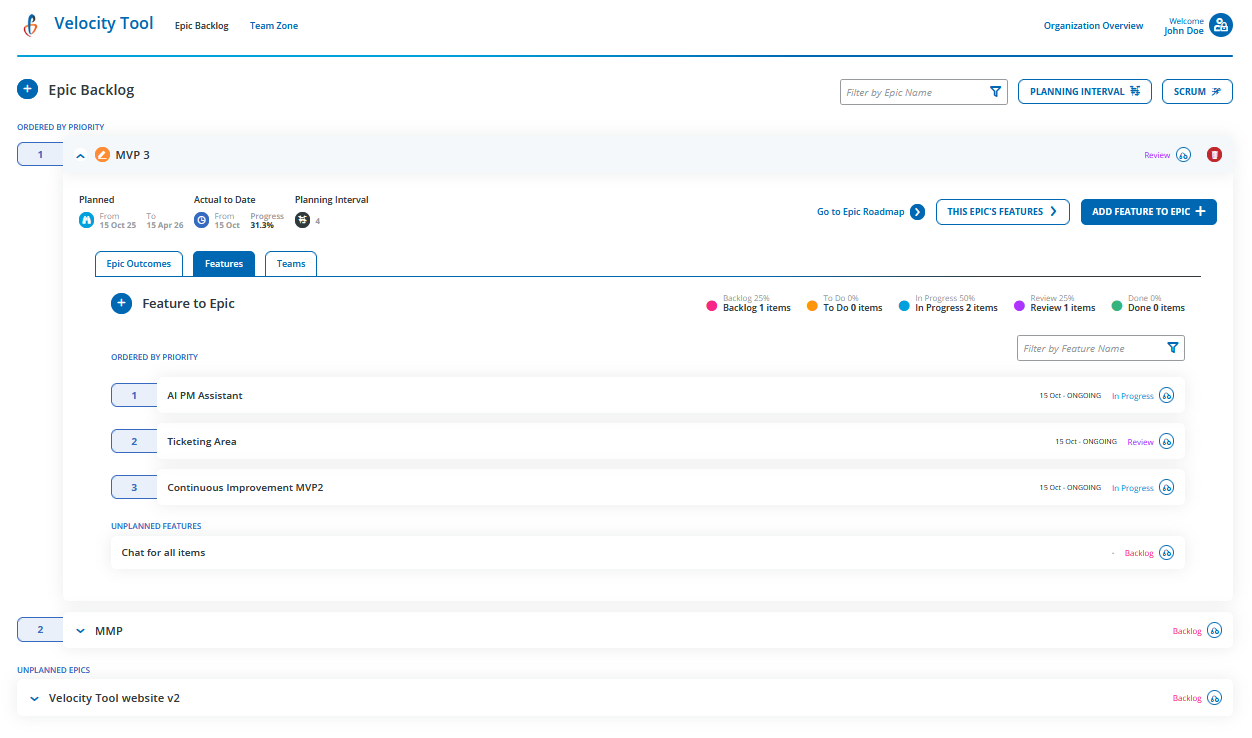 Velocity Tool's Epic Backlog