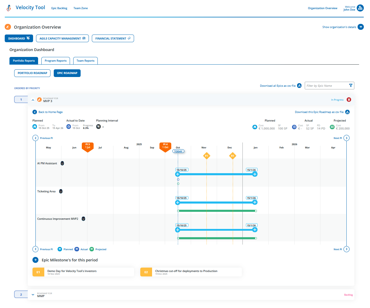 Velocity Tool - Real-time Epic Roadmap with Milestones