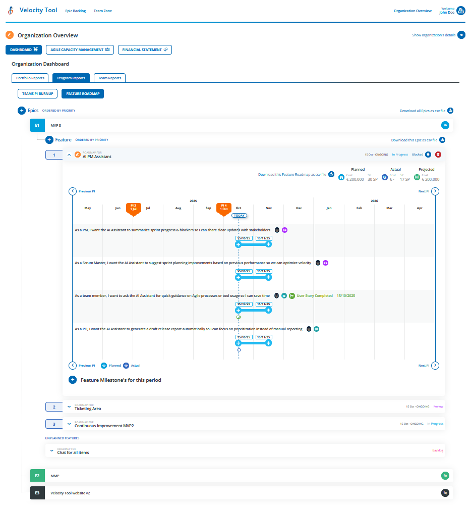 Velocity Tool - Real-time Feature Roadmap with Milestones
