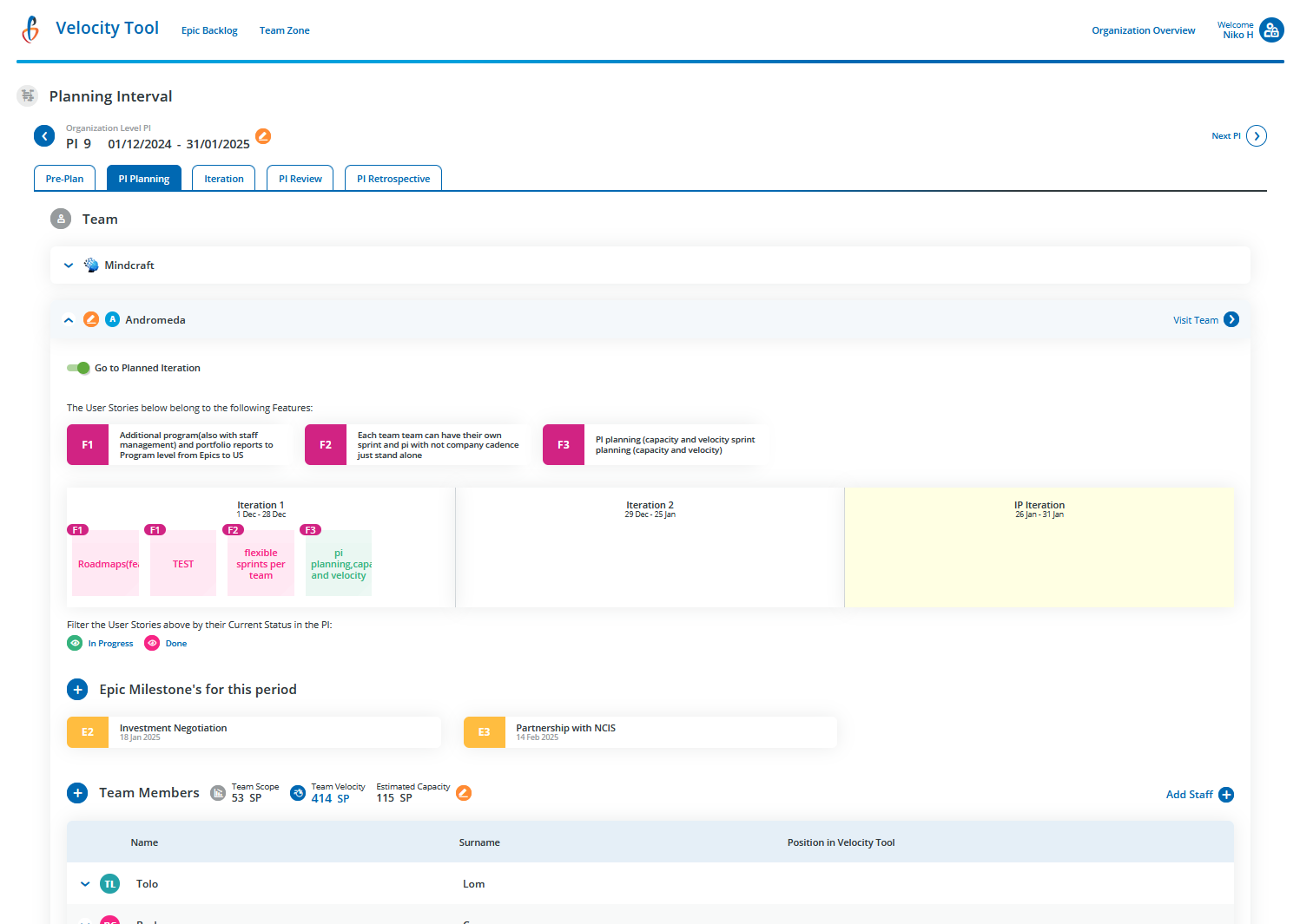 PI Planning Iteration View