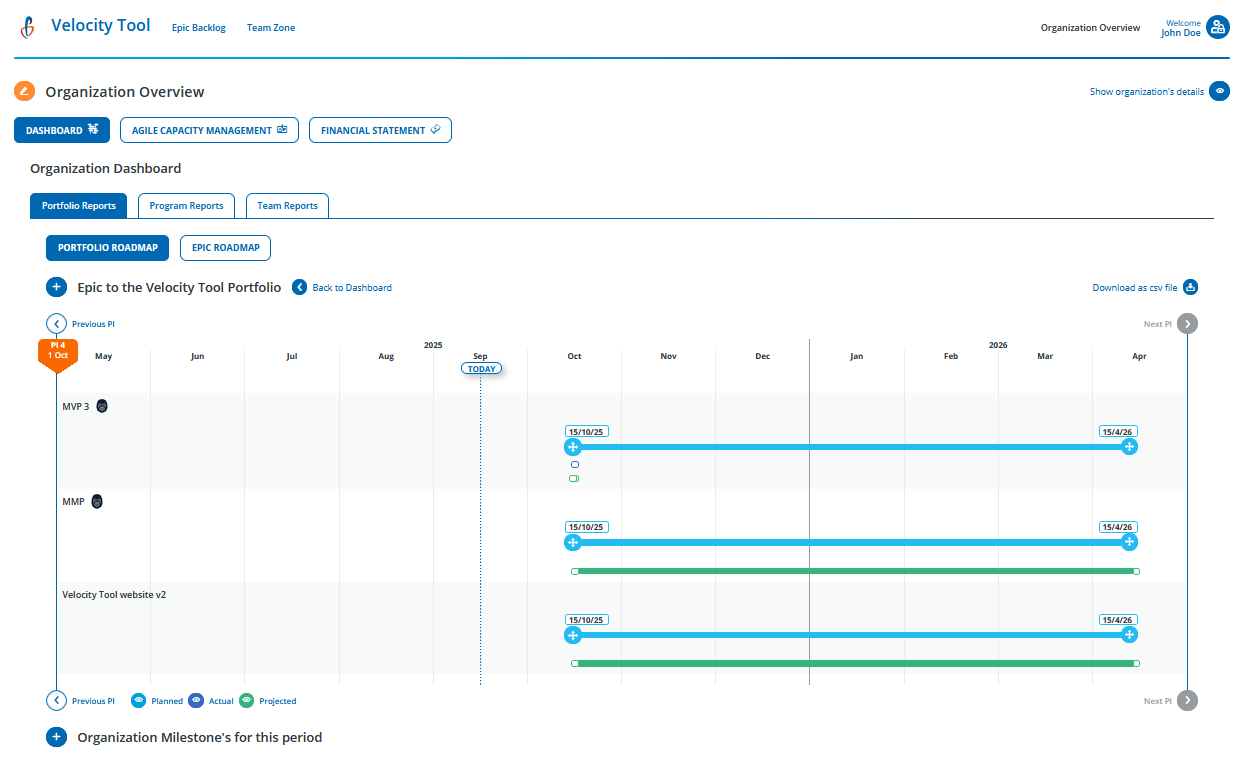 Velocity Tool - Real-time Portfolio Roadmap with Milestones