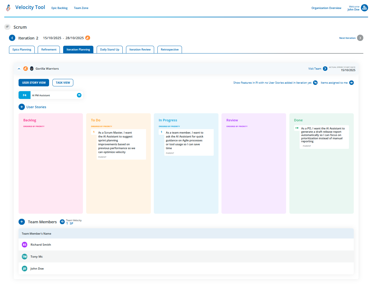 SCRUM Iteration Planning View