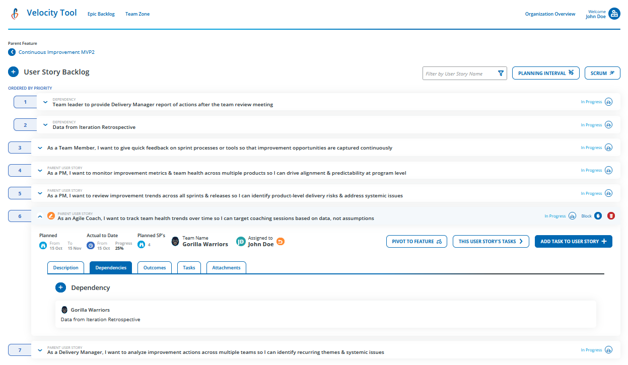 Velocity Tool's User Story Backlog